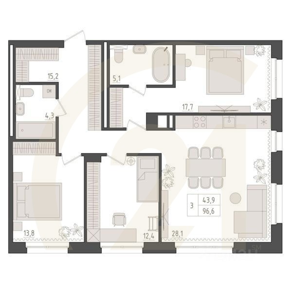 3-комн. квартира, 96,6 м²в ЖК «Новый Империал»
