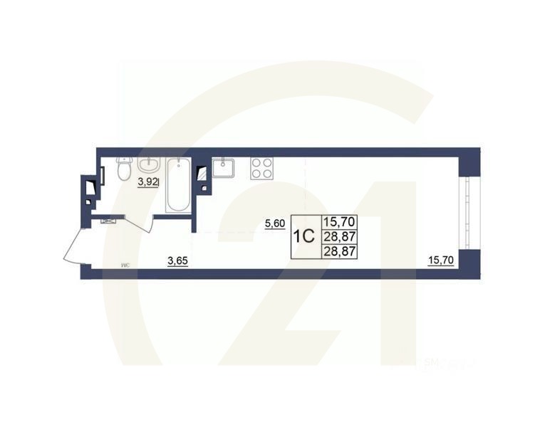1-комн, 28,74 м²в ЖК «Космос»