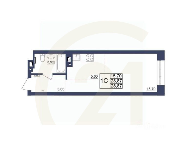 1-комн, 28,87 м²в ЖК «Космос»