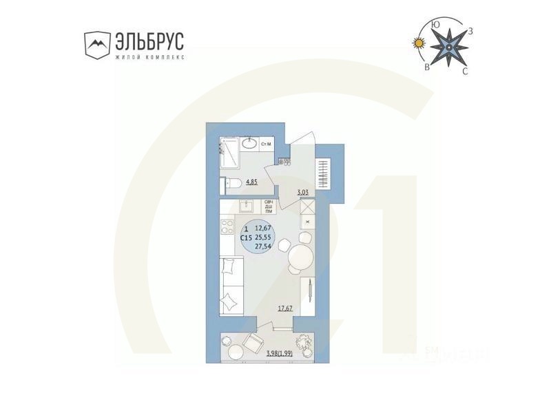 1-комн, 27,54 м²в ЖК «Эльбрус»