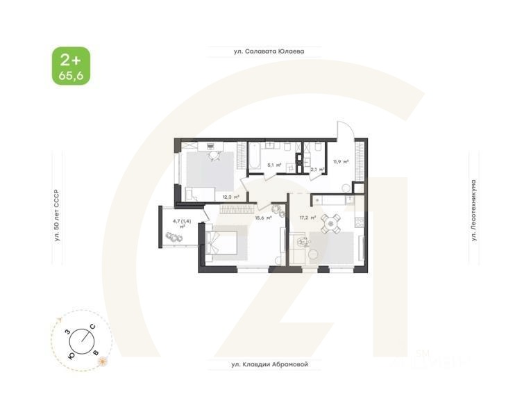 2-комн. квартира, 65,6 м²в ЖК «Бионика Парк»
