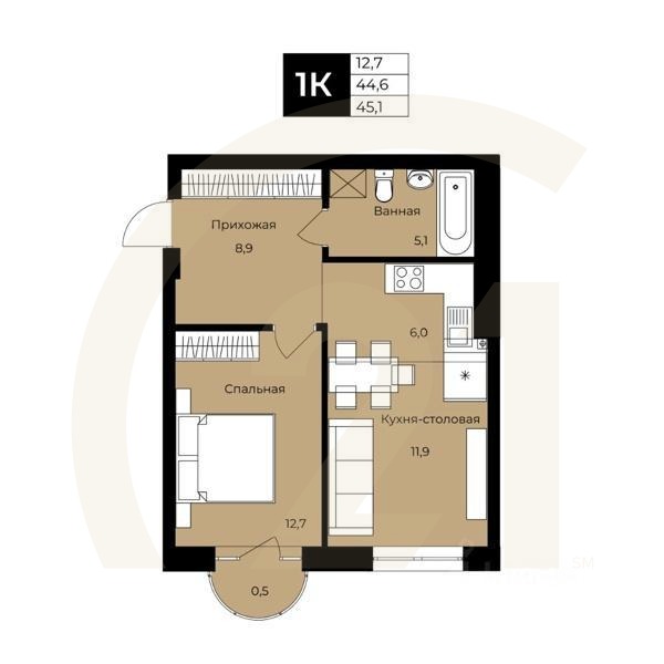 1-комн. квартира, 44,6 м²в ЖК «Ленинские высотки»