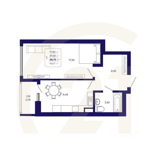 1-комн. квартира, 38,72 м²в ЖК «Паруса»