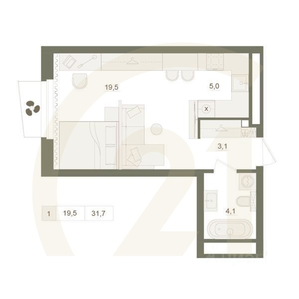 1-комн. квартира, 31,7 м²в ЖК «Квартал «Родина Парк»