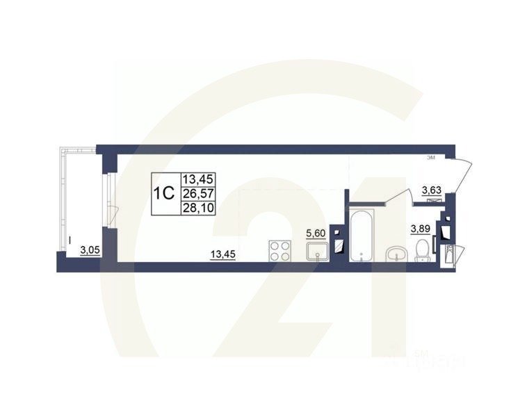 1-комн, 28,28 м²