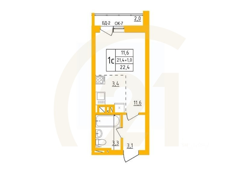 1-комн, 22,3 м²