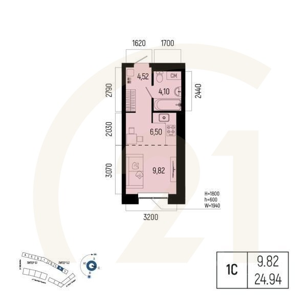1-комн. квартира, 24,94 м²в ЖК «Новатор»