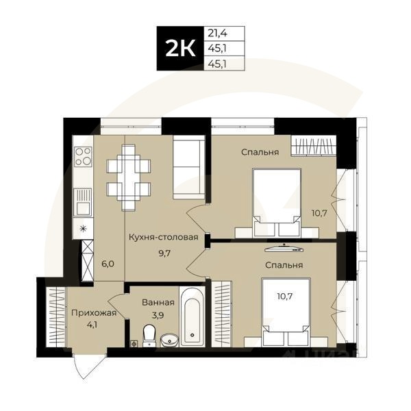 2-комн. квартира, 45,1 м²в ЖК «Ленинские высотки»