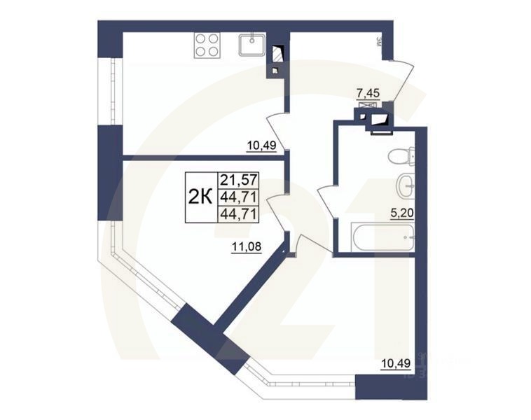2-комн. квартира, 44,8 м²в ЖК «Космос»