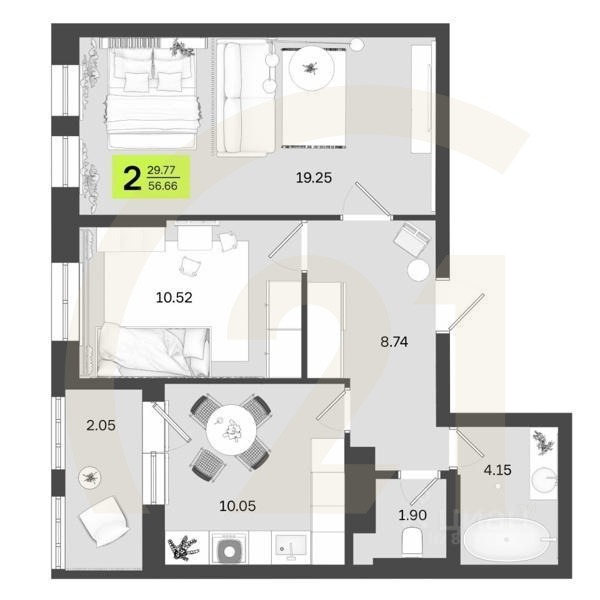 2-комн. квартира, 56,66 м²в ЖК «Новый Фамильный»