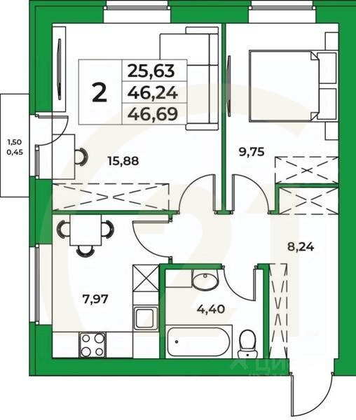 2-комн. квартира, 46,69 м²