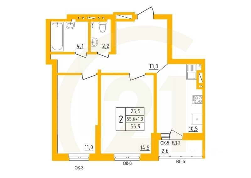 2-комн. квартира, 56,5 м²