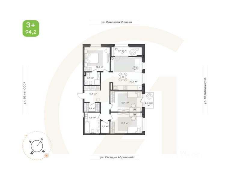 3-комн. квартира, 94,2 м²в ЖК «Бионика Парк»