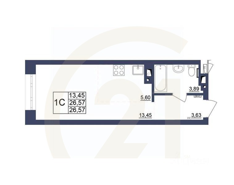 1-комн, 26,57 м²