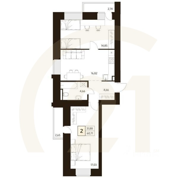 2-комн. квартира, 63,8 м²в ЖК «MATUR»