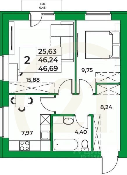 2-комн. квартира, 46,69 м²