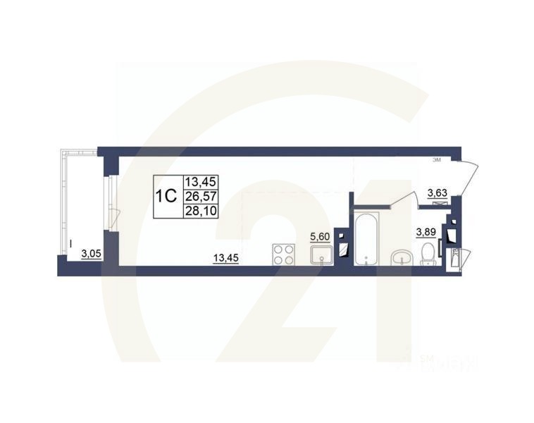 1-комн, 27,97 м²в ЖК «Космос»