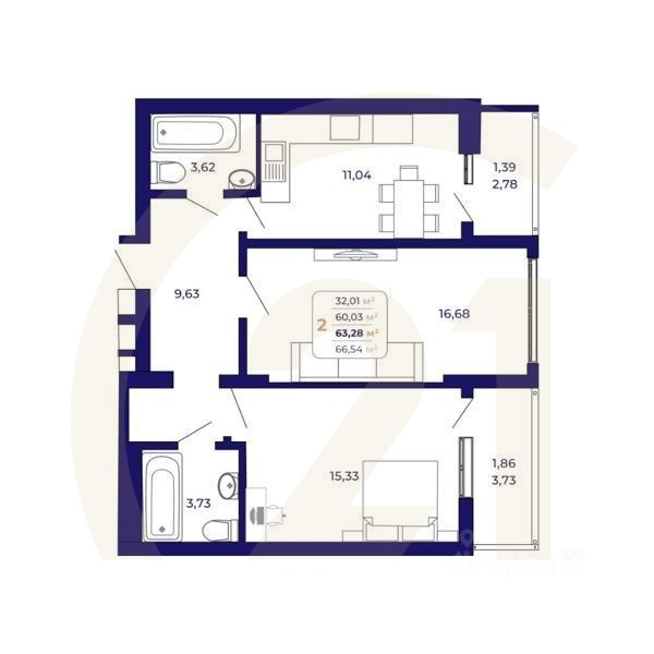 2-комн. квартира, 63,28 м²в ЖК «Паруса»