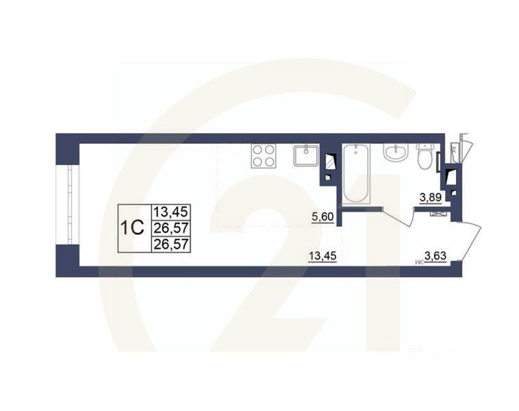 1-комн, 26,75 м²в ЖК «Космос»