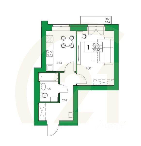 1-комн. квартира, 34,93 м²