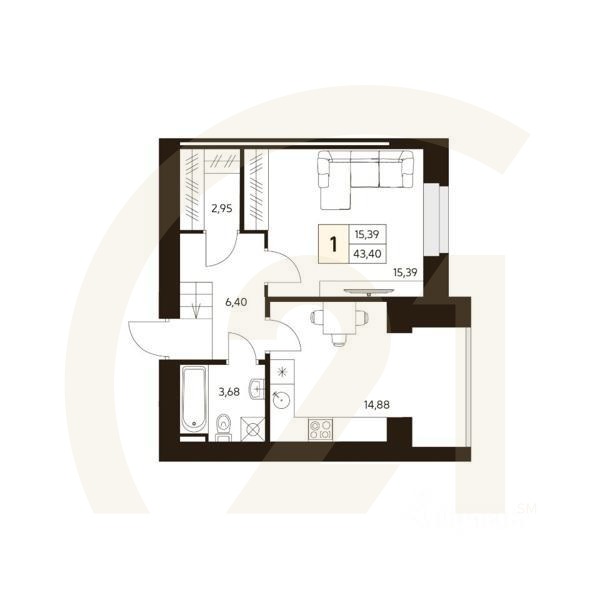 1-комн. квартира, 43,4 м²в ЖК «MATUR»