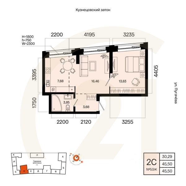 2-комн. квартира, 45,5 м²в ЖК «Первый остров»