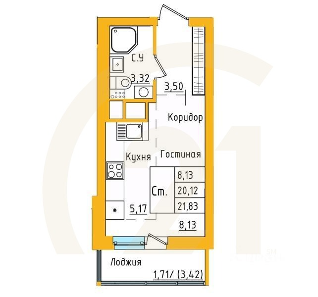 студия, 21,82 м²