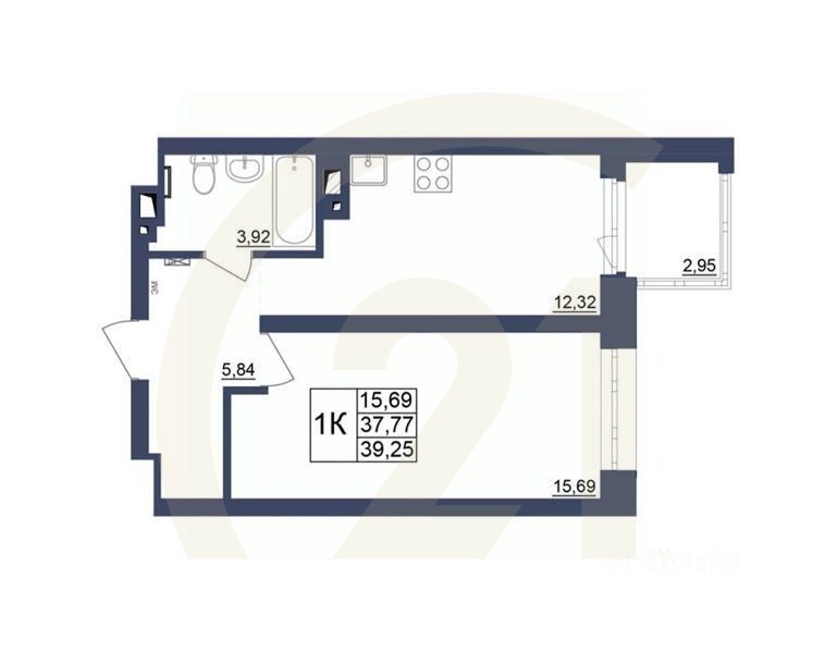 1-комн. квартира, 39,43 м²