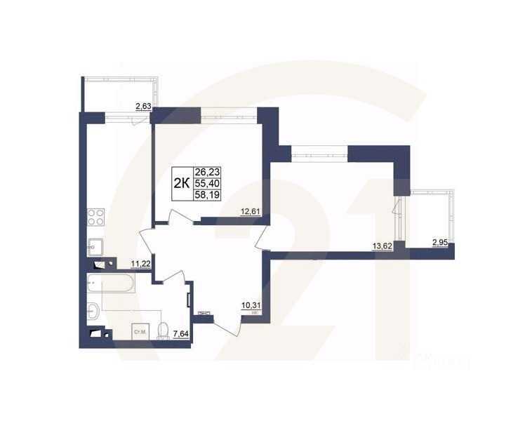 2-комн. квартира, 58,32 м²в ЖК «Космос»