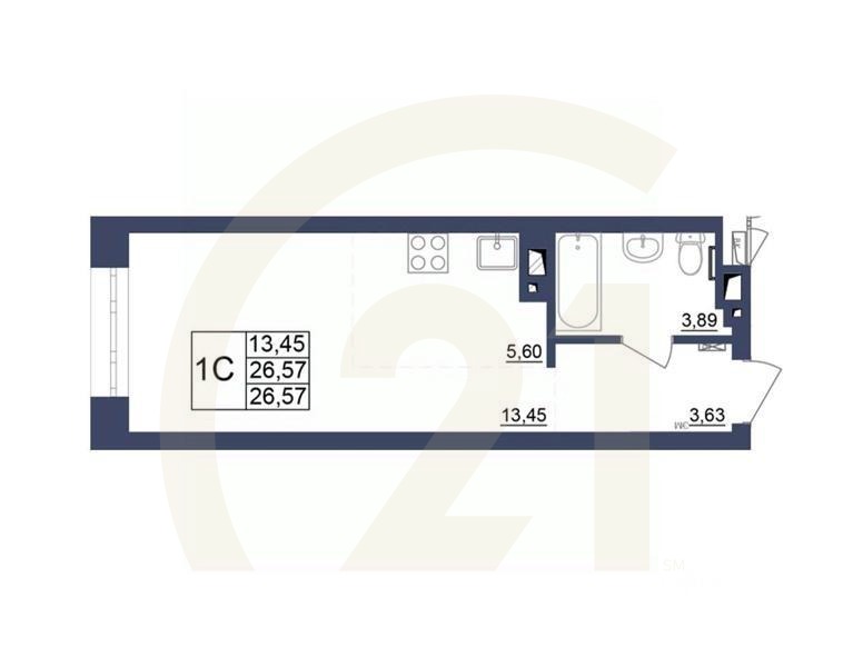 1-комн, 26,75 м²в ЖК «Космос»