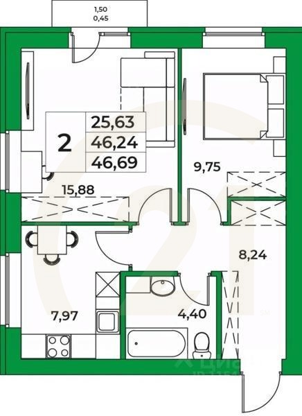 2-комн. квартира, 46,69 м²