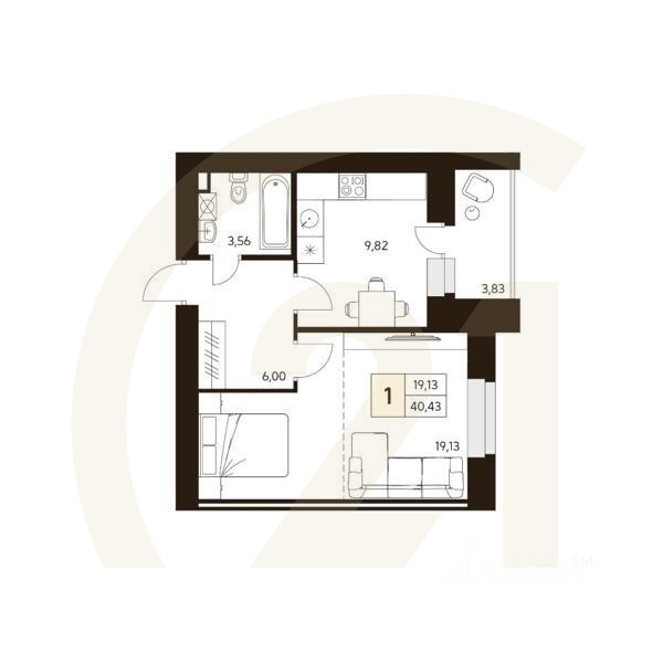 1-комн. квартира, 40,43 м²в ЖК «MATUR»