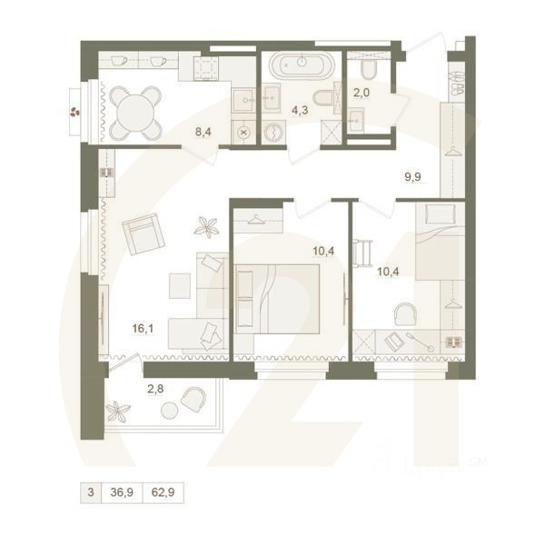 3-комн. квартира, 62,9 м²в ЖК «Квартал «Родина Парк»