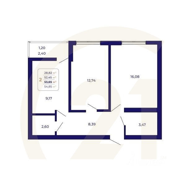 2-комн. квартира, 53,65 м²в ЖК «Паруса»