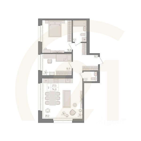 2-комн. квартира, 74 м²в ЖК «Новый Империал»