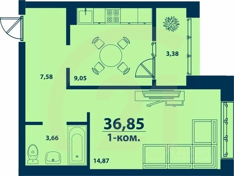 1-комн. квартира, 36,85 м²в ЖК «Город природы»