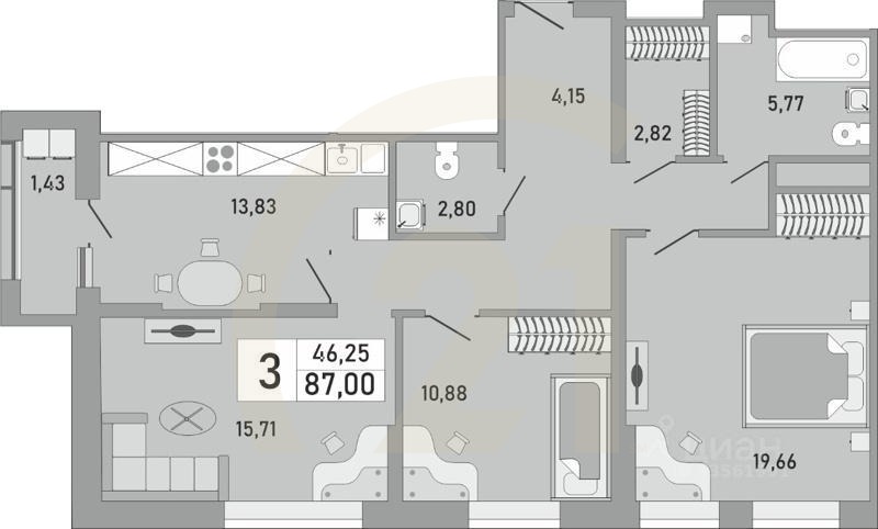 3-комн. квартира, 87 м²в ЖК «Платинум»