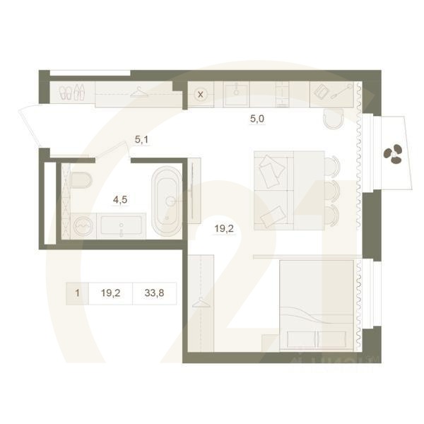 1-комн. квартира, 33,8 м²в ЖК «Квартал «Родина Парк»