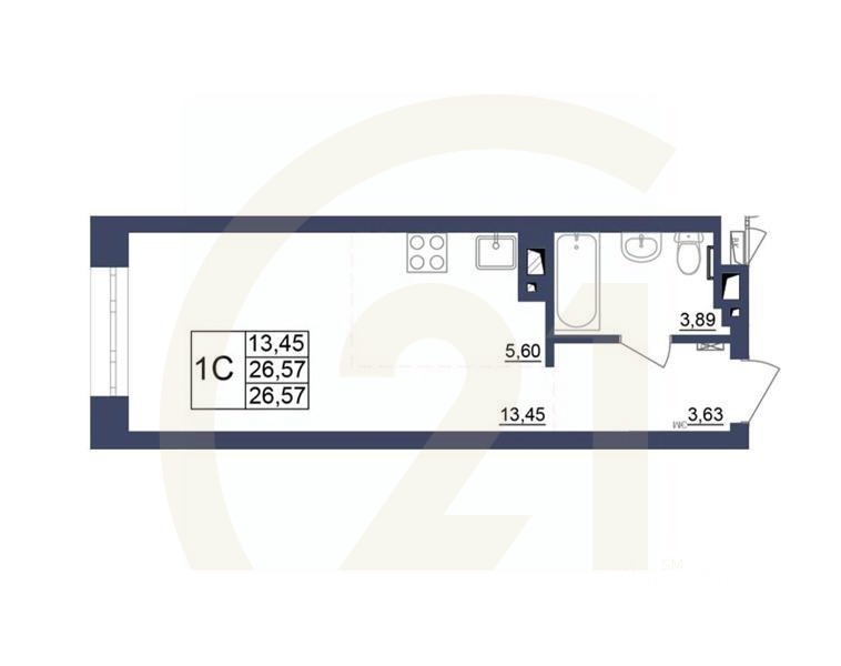 1-комн, 26,75 м²в ЖК «Космос»