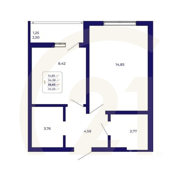1-комн. квартира, 35,63 м²в ЖК «Паруса»