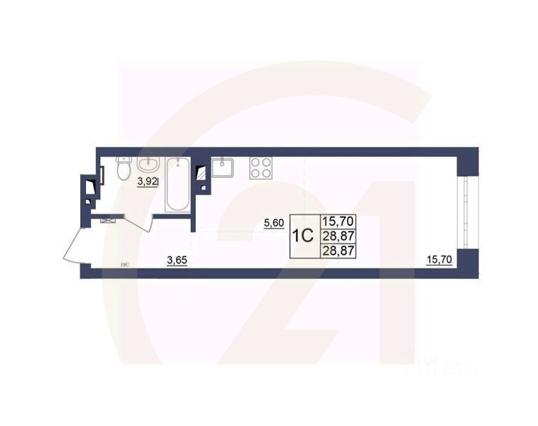 1-комн, 28,87 м²в ЖК «Космос»
