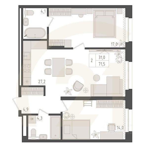2-комн. квартира, 71,5 м²в ЖК «Новый Империал»