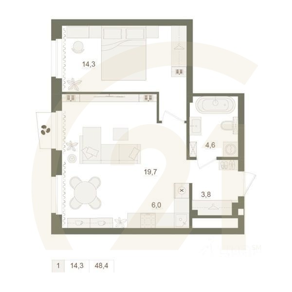 1-комн. квартира, 48,4 м²в ЖК «Квартал «Родина Парк»