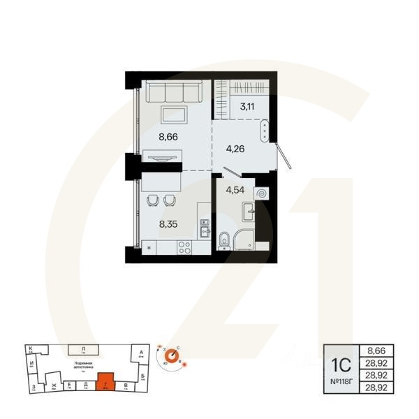 1-комн. квартира, 28,92 м²в ЖК «Первый остров»
