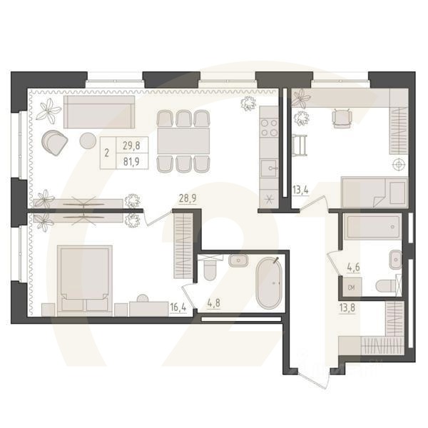 2-комн. квартира, 81,9 м²в ЖК «Новый Империал»