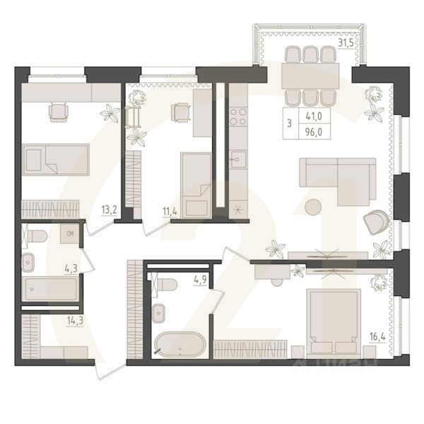 3-комн. квартира, 96 м²в ЖК «Новый Империал»