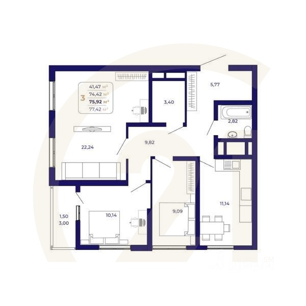 3-комн. квартира, 75,92 м²в ЖК «Паруса»