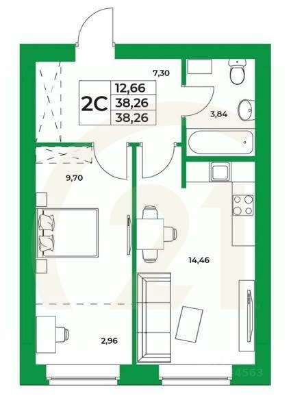 2-комн, 38,26 м²