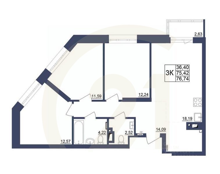 3-комн. квартира, 76,74 м²в ЖК «Космос»