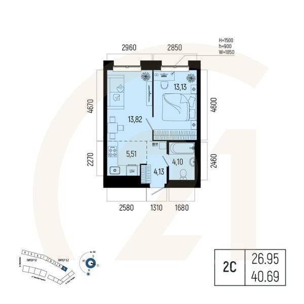 2-комн. квартира, 40,69 м²в ЖК «Новатор»
